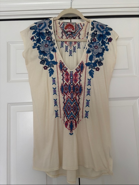Johnny Was Tops - Johnny Was Cream Tunic with Blue Floral & Multicolor Embroidery